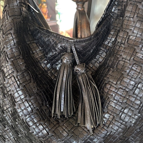 Patricia Nash Black Leather Braided Stitch Marcellina Hobo Bag Tassel Purse - Picture 4 of 16